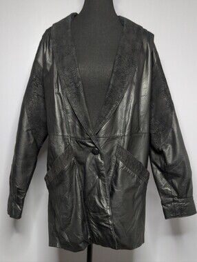 Vintage 80s Pelle Studio Black Leather Paisley Brocade Jacket Oversized Medium